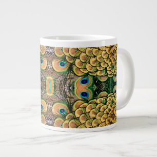 Emerald Green and Gold Peacock Feathers Large Coffee Mug