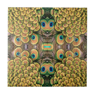 Emerald Green and Gold Peacock Feathers Tile