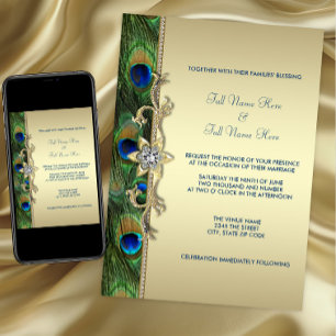 Emerald Green and Gold Peacock Wedding Invitation
