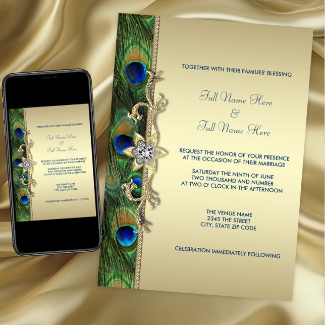Emerald Green and Gold Peacock Wedding Invitation (Peacock wedding invitation. Available for instant download and printed. Gold peacock wedding invite)