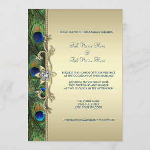 Emerald Green and Gold Peacock Wedding Invitation