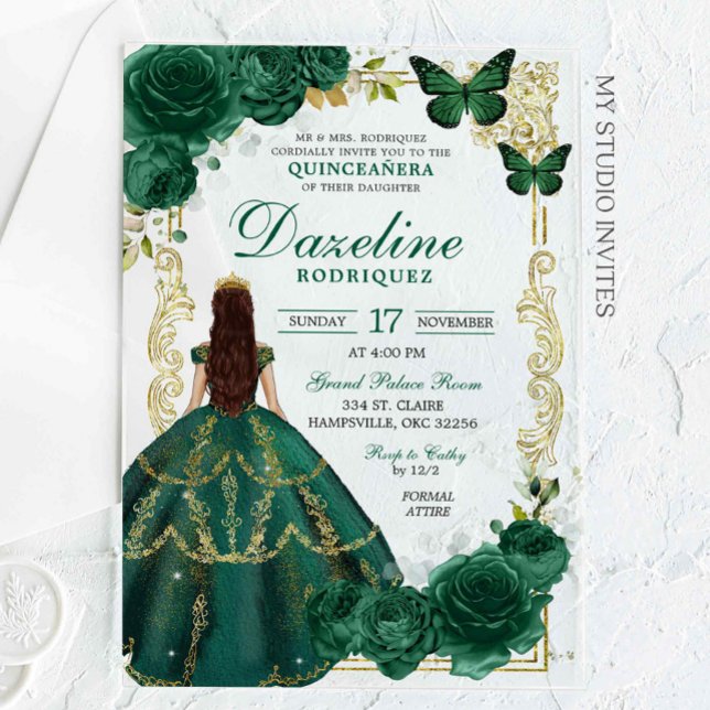 Emerald Green and Gold Princessa Quinceañera Acrylic Invitations (Creator Uploaded)