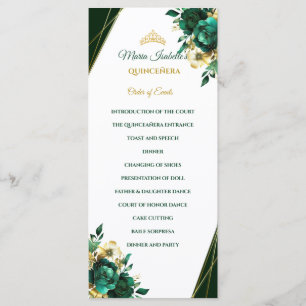 Emerald Green and Gold Quinceñera Order of Events Menu
