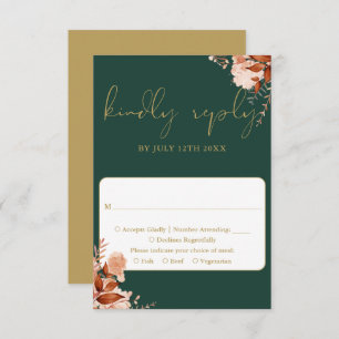 Emerald Green And Gold Rustic Floral Wedding RSVP Card