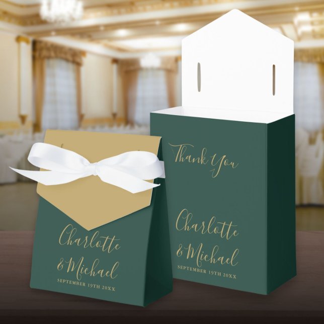 Emerald Green And Gold Script Elegant Wedding Favour Box (Emerald Green And Gold Script Elegant Wedding Favor Box)