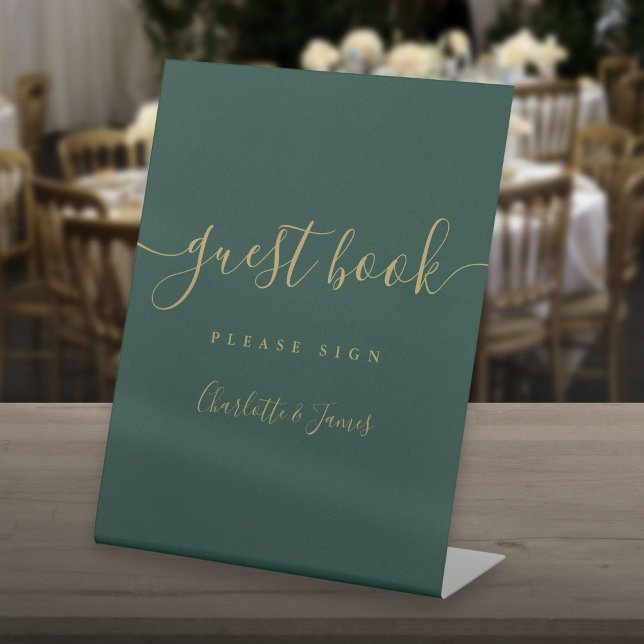 Emerald Green And Gold Script Guest Book Pedestal Sign (Emerald Green And Gold Script Guest Book Pedestal Sign)