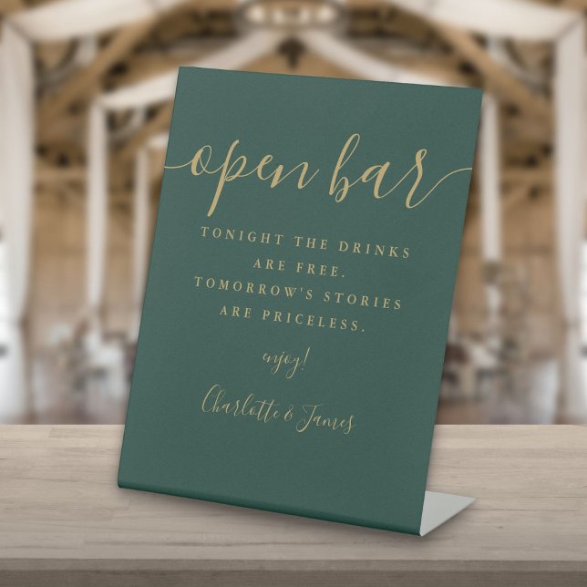 Emerald Green And Gold Script Open Bar Pedestal Sign (Emerald Green And Gold Script Open Bar Pedestal Sign)