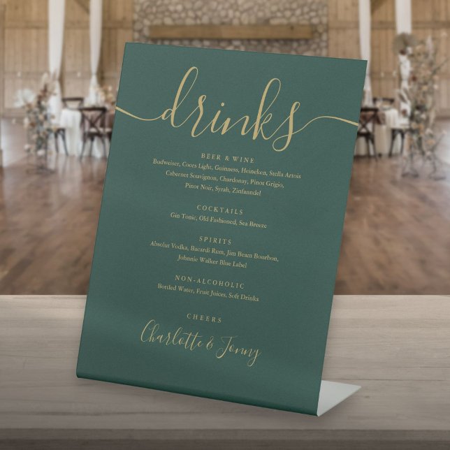 Emerald Green And Gold Script Wedding Drinks Menu Pedestal Sign (Emerald Green And Gold Script Wedding Drinks Menu Pedestal Sign)