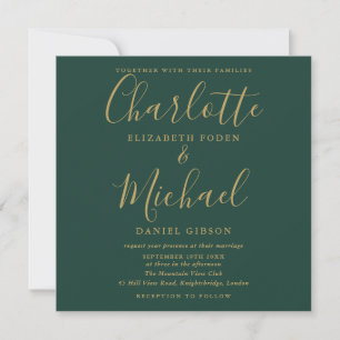 Emerald Green And Gold Script Wedding Photo Invitation