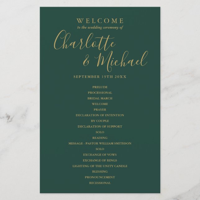 Emerald Green And Gold Script Wedding Program (Front)