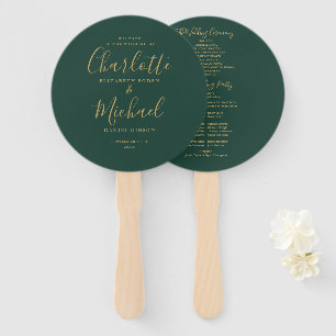 Emerald Green And Gold Script Wedding Program Hand Fan