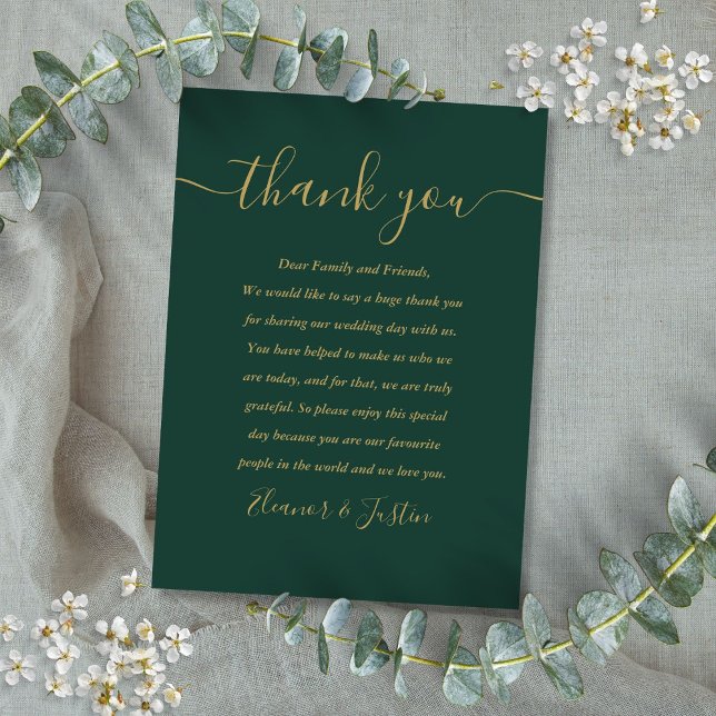 Emerald Green And Gold Script Wedding Thank You Place Card (Emerald Green And Gold Script Wedding Thank You Place Card)