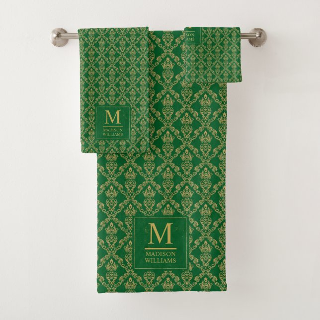 Emerald Green and Gold Seamless Damask Pattern Bath Towel Set (Insitu)