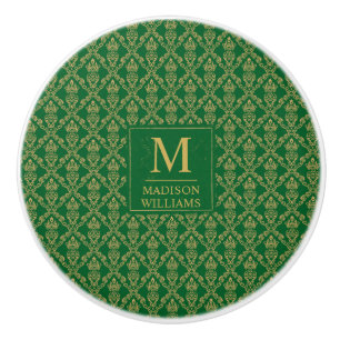 Emerald Green and Gold Seamless Damask Pattern Ceramic Knob