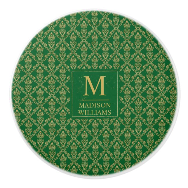 Emerald Green and Gold Seamless Damask Pattern Ceramic Knob (Front)