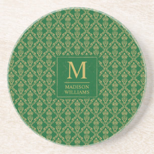 Emerald Green and Gold Seamless Damask Pattern Coaster