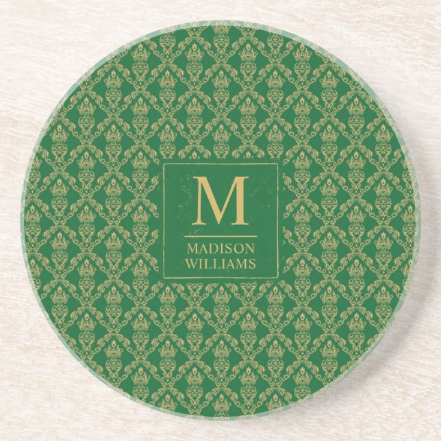 Emerald Green and Gold Seamless Damask Pattern Coaster (Front)