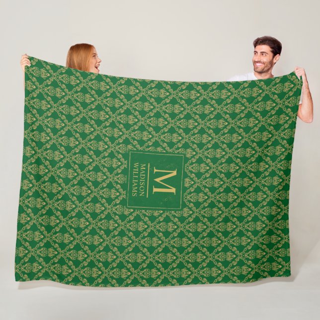 Emerald Green and Gold seamless Damask Pattern Fleece Blanket (In Situ)