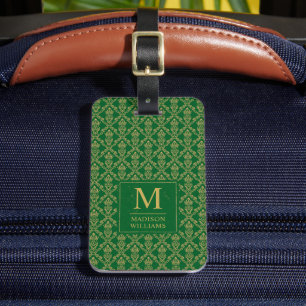 Emerald Green and Gold Seamless Damask Pattern Luggage Tag