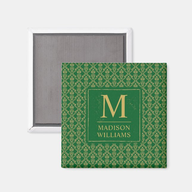 Emerald Green and Gold Seamless Damask Pattern Magnet (Front/Back)