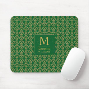 Emerald Green and Gold Seamless Damask Pattern Mouse Pad