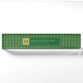 Emerald Green and Gold Seamless Damask Pattern Nameplate