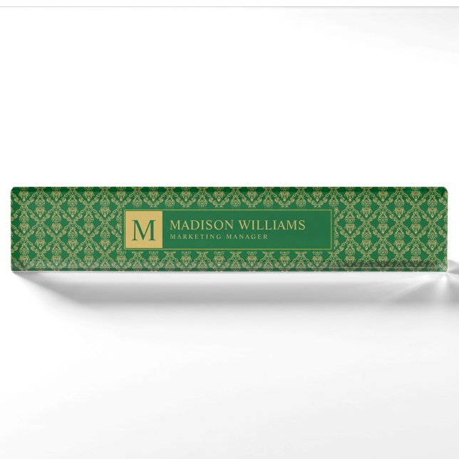 Emerald Green and Gold Seamless Damask Pattern Nameplate (Front)