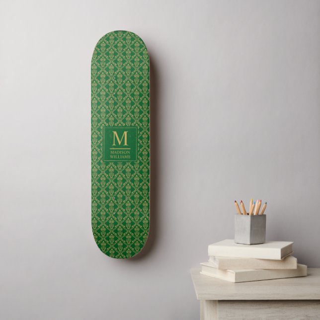 Emerald Green and Gold Seamless Damask Pattern Skateboard (Wall Art)