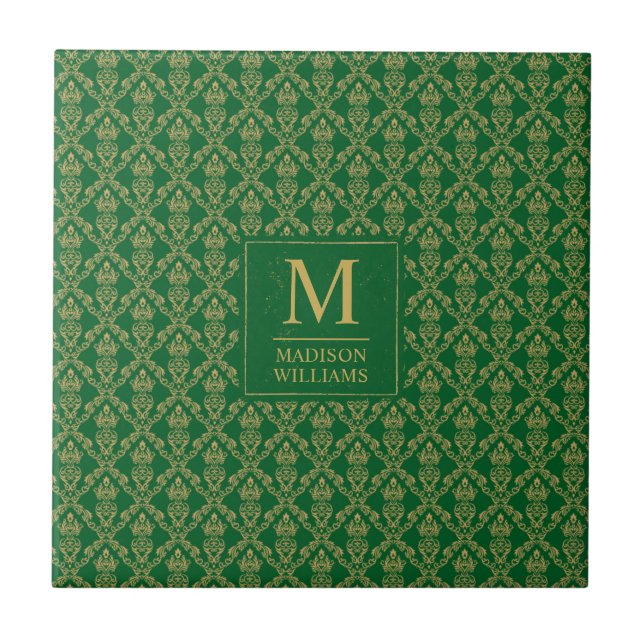 Emerald Green and Gold Seamless Damask Pattern Tile (Front)