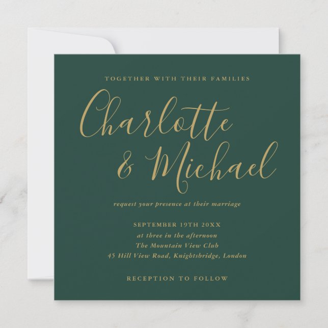 Emerald Green And Gold Signature Script Wedding Invitation (Front)