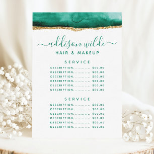 Emerald Green And Gold Watercolor Service Price Menu