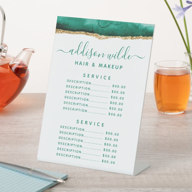 Emerald Green And Gold Watercolor Service Price Pedestal Sign (In SItu)
