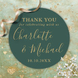 Emerald Green And Gold Wedding Favour Thank You Classic Round Sticker<br><div class="desc">Emerald green and gold signature wedding favour thank you classic round sticker featuring signature style names. Designed by Thisisnotme©</div>