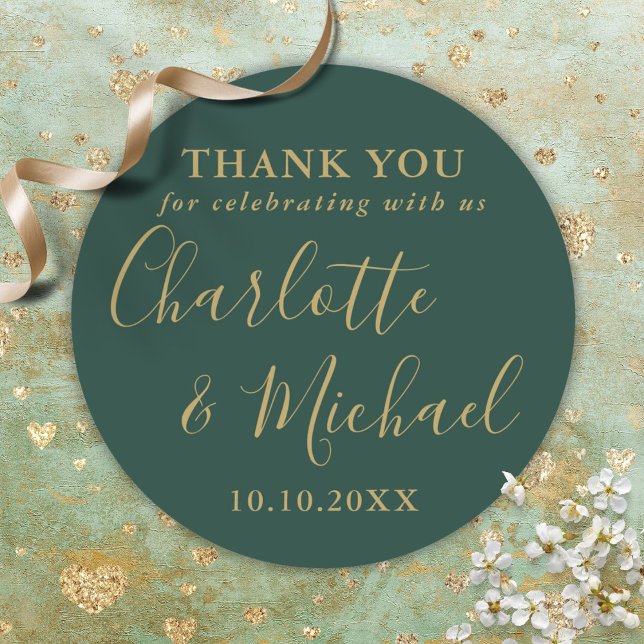 Emerald Green And Gold Wedding Favour Thank You Classic Round Sticker (Emerald Green And Gold Wedding Favor Thank You Classic Round Sticker)