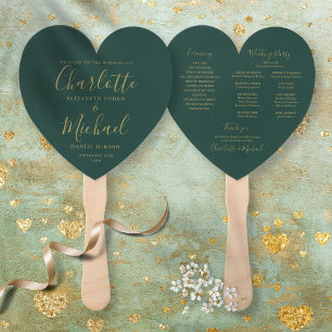 Emerald Green And Gold Wedding Program Heart Hand Fan
