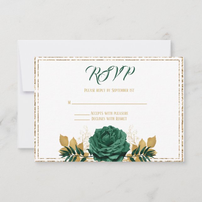 Emerald Green and Gold Wedding RSVP Card (Front)