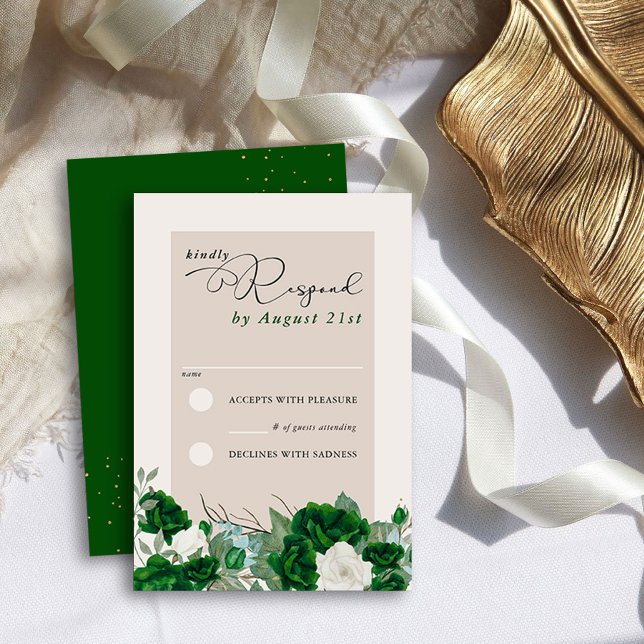 Emerald Green and Ivory Rose Elegant Floral RSVP Card (RSVP Cards from the Royal Rose Emerald Green Quinceanera Collection by Darling & May)
