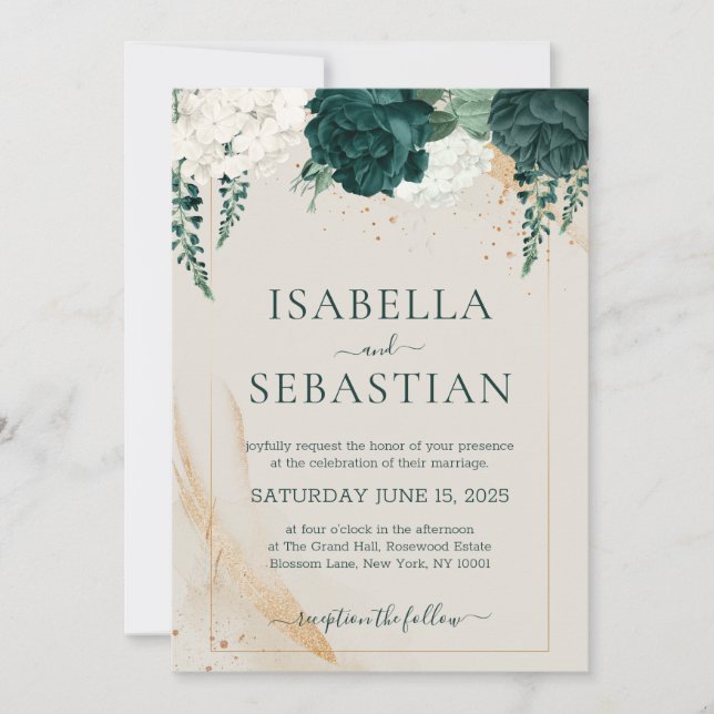 Emerald Green and Ivory Rose Floral BUDGET Invitation (Front)