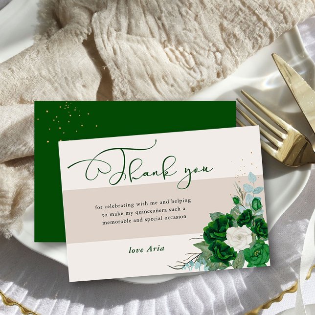 Emerald Green and Ivory Roses Elegant Calligraphy Thank You Card (Thank you cards from the Royal Rose Emerald Green Quinceanera Collection by Darling & May)
