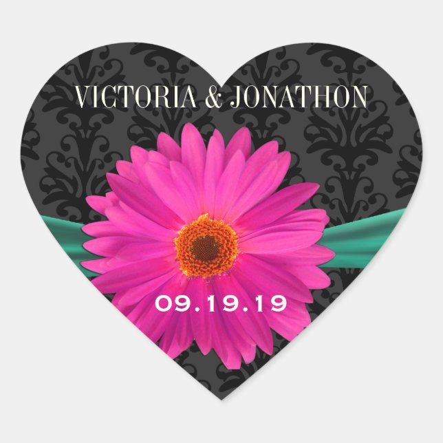Emerald Green and Pink Gerber Daisy Wedding Heart Sticker (Front)