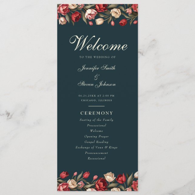 Emerald Green and Red Tulip Wedding Programme (Front)