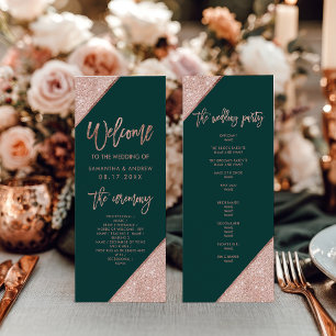 Emerald Green and Rose Gold Glitter Wedding Programme