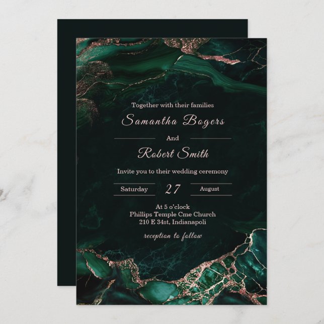 Emerald Green and Rose Gold Wedding Invitation (Front/Back)