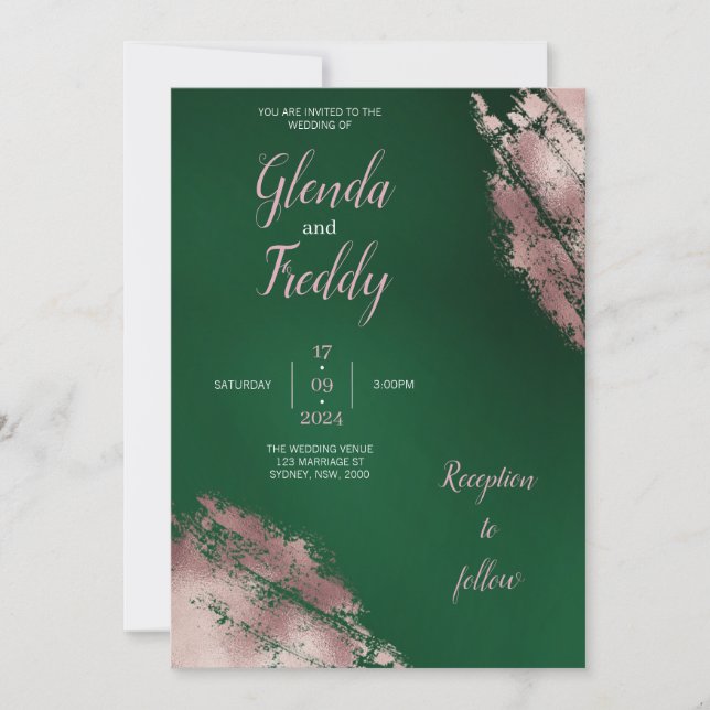 Emerald Green and Rose Gold Wedding Invitation (Front)