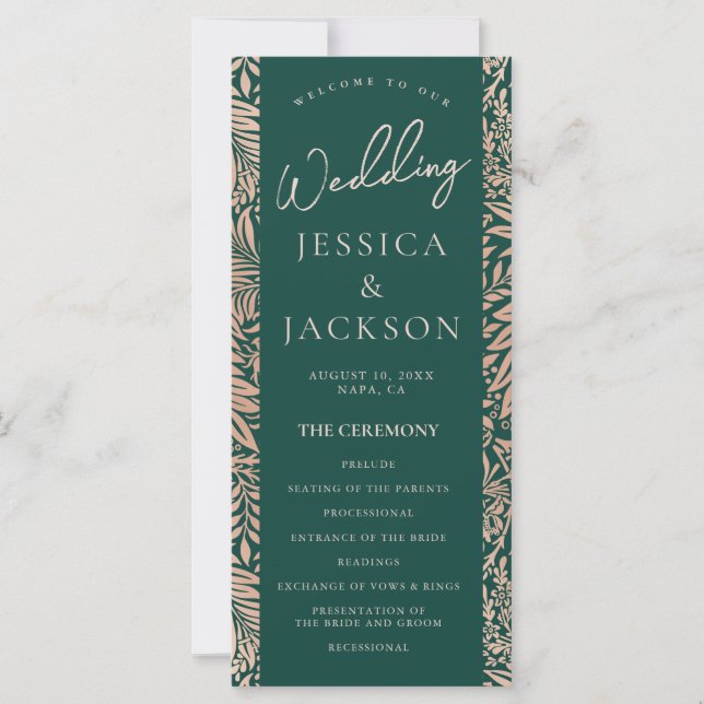 Emerald Green and Rose Gold Wedding Program (Front)