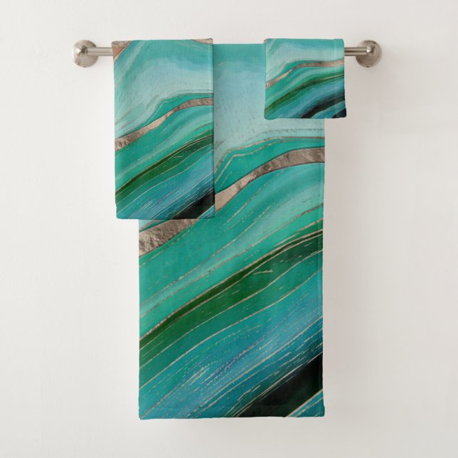 Emerald green and taupe marble bath towel set (Insitu)