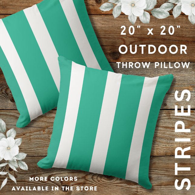 Emerald Green And White Bold Stripe  Cushion (Emerald green And White Outdoor Striped Throw Pillows 20" x 20")