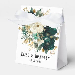 Emerald Green and White Gold Peonies Wedding Favour Box