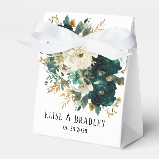 Emerald Green and White Gold Peonies Wedding Favour Box (Front Side)