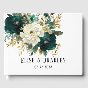 Emerald Green and White Gold Peonies Wedding Guest Book